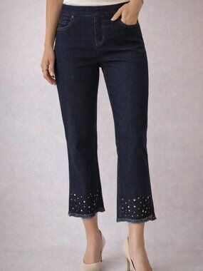 $110 Retail – Lisette Montréal Dark Wash Studded Hem Cropped Jeans Pull-On Denim